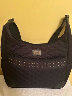 GV Inc by Gayle Martz Quilted Black Shoulder Bag with Stud Accents and Logo plaq